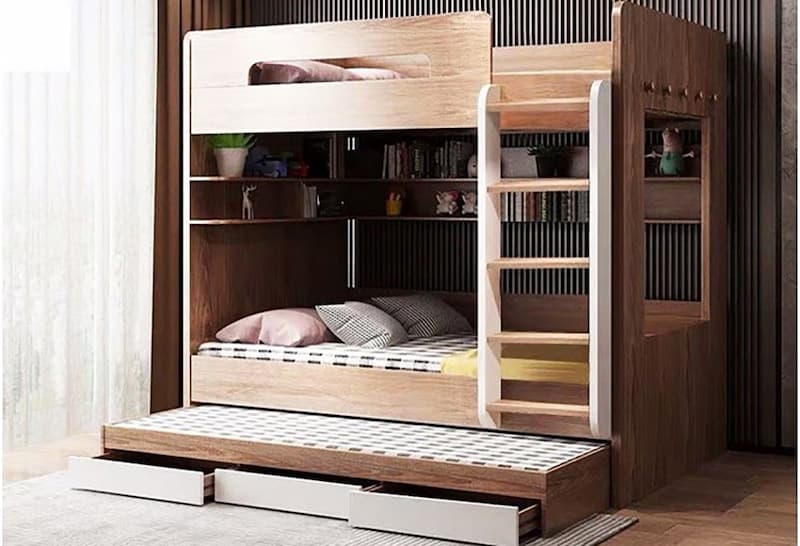 Giường được làm từ chất liệu gỗ công nghiệp có độ bền tốt và khả năng chịu lực cao, không lo mối mọt