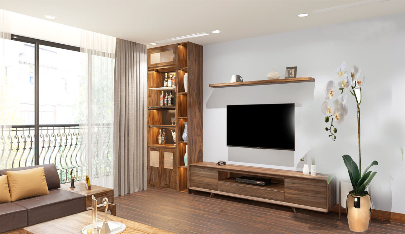Mẫu kệ gỗ phòng khách đẹp giúp tăng tính thẩm mỹ cho không gian phòng khách