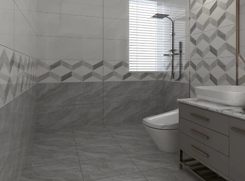 Phòng tắm có diện tích rộng nên lát gạch có tông màu xám, hoa văn ấn tượng 