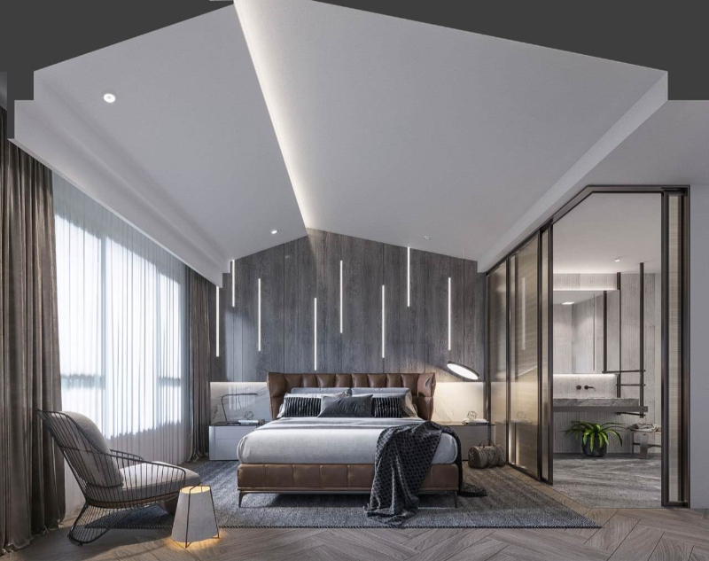 Phòng ngủ nhỏ sang trọng hơn nhờ sử dụng tông màu trung tính, nhà vệ sinh bằng kính cường lực
