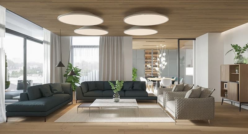 Với phòng khách có diện tích nhỏ có thể chọn đèn ốp trần để tiết kiệm không gian