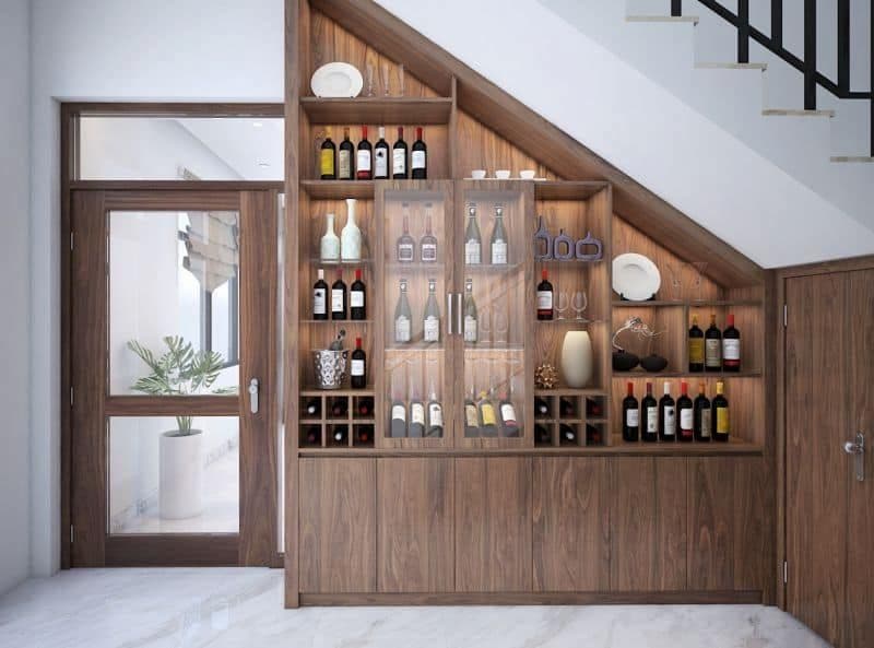 Kệ rượu âm tường trưng bày rượu vang bằng gỗ tự nhiên cho phòng khách đẹp cổ điển