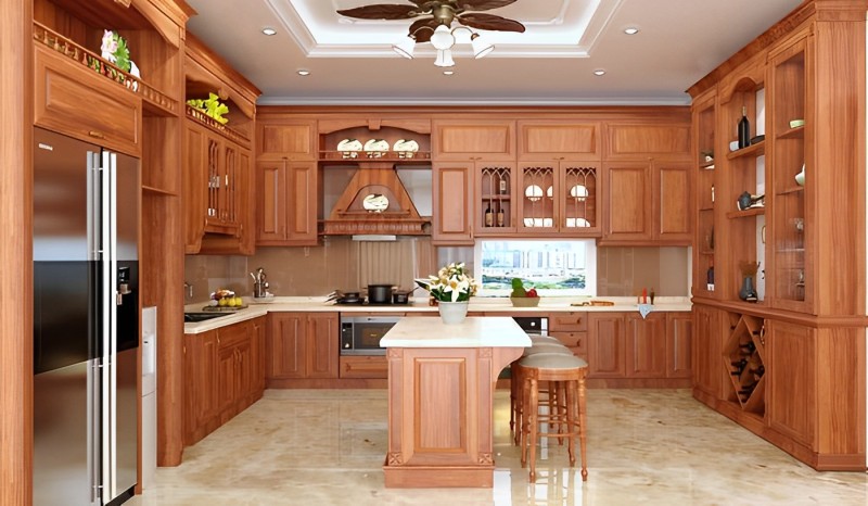 Mẫu tủ bếp gỗ chữ U phù hợp với căn bếp rộng 