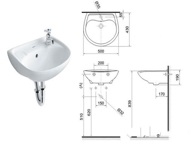 Kích thước phổ biến của chậu rửa mặt treo tường