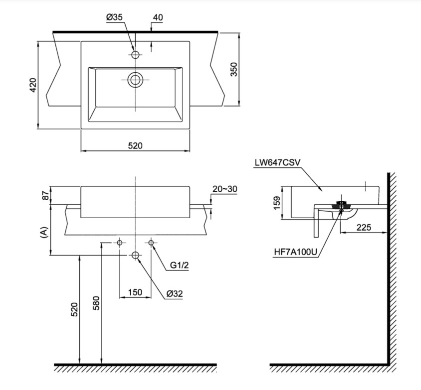 Kích thước chậu rửa dương vành/ bán âm bàn